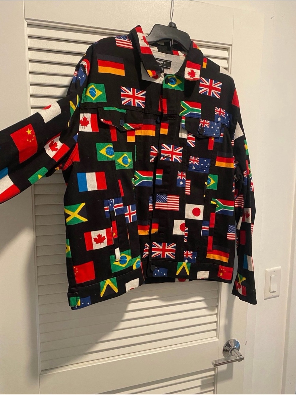 World Cup Flags Print Denim Jacket in Black